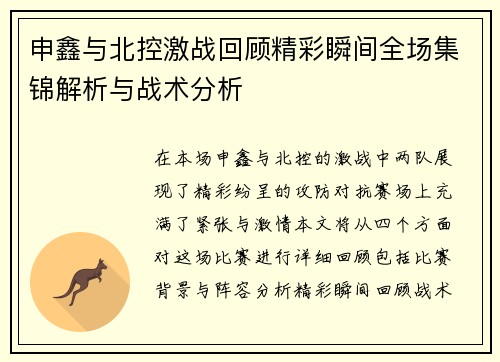 申鑫与北控激战回顾精彩瞬间全场集锦解析与战术分析